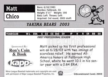 2003 Grandstand Yakima Bears #NNO Matt Chico Back