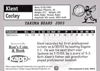 2003 Grandstand Yakima Bears #NNO Klent Corley Back