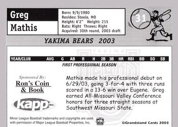 2003 Grandstand Yakima Bears #NNO Greg Mathis Back