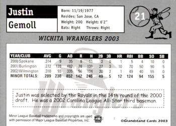 2003 Grandstand Wichita Wranglers #9 Justin Gemoll Back
