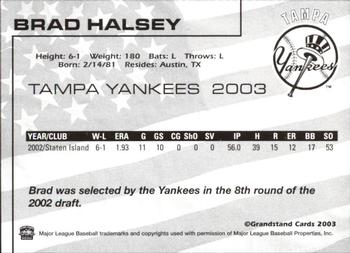2003 Grandstand Tampa Yankees #NNO Brad Halsey Back