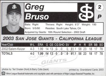 2003 Grandstand San Jose Giants #2 Greg Bruso Back