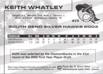 2003 Grandstand South Bend Silver Hawks #NNO Keith Whatley Back