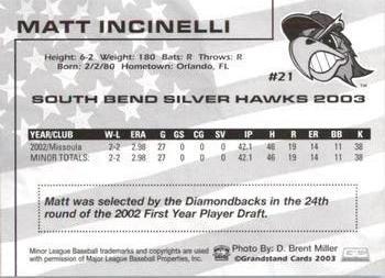 2003 Grandstand South Bend Silver Hawks #NNO Matt Incinelli Back