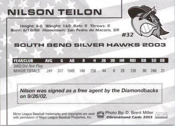 2003 Grandstand South Bend Silver Hawks #NNO Nilson Teilon Back