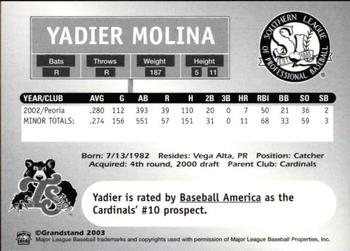 2003 Grandstand Southern League Top Prospects #NNO Yadier Molina Back