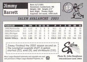 2003 Grandstand Salem Avalanche #1 Jimmy Barrett Back