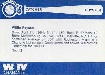 1980 WBTV Charlotte O's #NNO Willie Royster Back