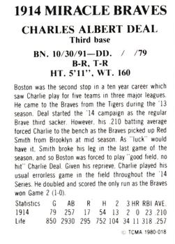 1980 TCMA 1914 Boston Braves #018 Charlie Deal Back