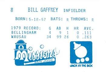 1980 Jack in the Box San Jose Missions #8 Bill Gaffney Back