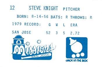 1980 Jack in the Box San Jose Missions #12 Steve Knight Back