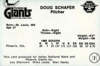 1981 Valley National Bank Phoenix Giants #7 Doug Schaefer Back