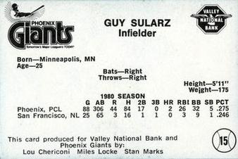 1981 Valley National Bank Phoenix Giants #15 Guy Sularz Back