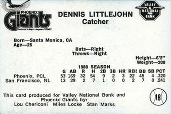 1981 Valley National Bank Phoenix Giants #18 Dennis Littlejohn Back