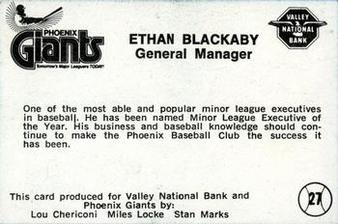 1981 Valley National Bank Phoenix Giants #27 Ethan Blackaby Back