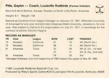 1983 Riley's Sports Gallery Louisville Redbirds #2 Gaylen Pitts Back