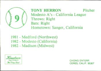 1983 Chong Modesto A's #9 Tony Herron Back
