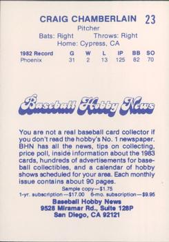1983 Baseball Hobby News Phoenix Giants #23 Craig Chamberlain Back