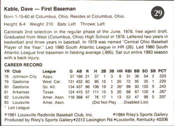1984 Riley's Sports Gallery Louisville Redbirds #29 Dave Kable Back