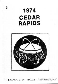 1974 TCMA Cedar Rapids Astros #5 Tom Rima Back