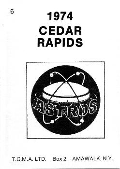 1974 TCMA Cedar Rapids Astros #6 Joe Sambito Back