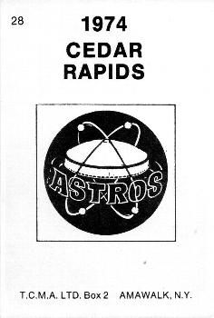 1974 TCMA Cedar Rapids Astros #28 Don Buchheister Back