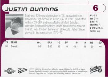 1999 Multi-Ad Wisconsin Timber Rattlers #6 Justin Dunning Back