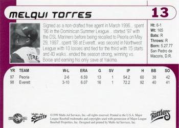1999 Multi-Ad Wisconsin Timber Rattlers #13 Melqui Torres Back