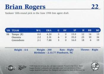 1999 Multi-Ad Tampa Yankees #22 Brian Rogers Back