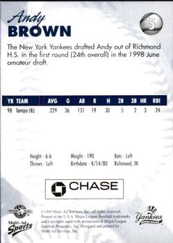 1999 Multi-Ad Staten Island Yankees #5 Andy Brown Back