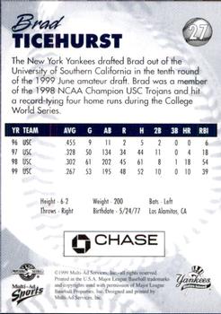 1999 Multi-Ad Staten Island Yankees #27 Brad Ticehurst Back