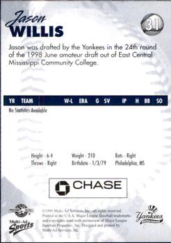 1999 Multi-Ad Staten Island Yankees #31 Jason Willis Back