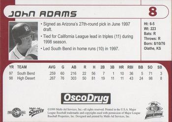 1999 Multi-Ad South Bend Silver Hawks #8 John Adams Back