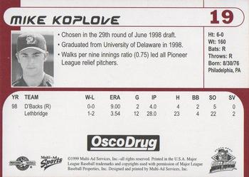 1999 Multi-Ad South Bend Silver Hawks #19 Mike Koplove Back