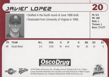 1999 Multi-Ad South Bend Silver Hawks #20 Javier Lopez Back