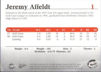 1999 Multi-Ad South Atlantic League Top Prospects #1 Jeremy Affeldt Back