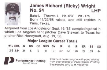 1986 Performance Printing Texas Rangers #NNO Ricky Wright Back