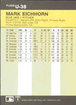 1986 Fleer Update #U-38 Mark Eichhorn Back