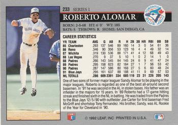 2014 Leaf Best of Baseball - Leaf Memories 1992 Buyback Red #233 Roberto Alomar Back