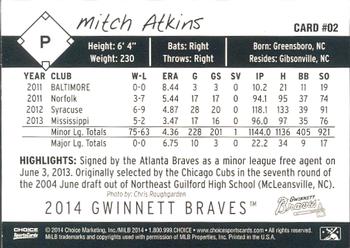 2014 Choice Gwinnett Braves #2 Mitch Atkins Back