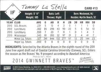 2014 Choice Gwinnett Braves #13 Tommy La Stella Back