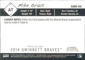 2014 Choice Gwinnett Braves #34 Mike Graus Back
