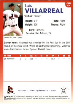 2002 Choice Lowell Spinners #14 Luis Villarreal Back