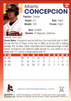 2002 Choice Lowell Spinners #25 Alberto Concepcion Back