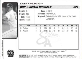2002 Choice Carolina League Top Prospects #21 Justin Huisman Back