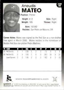 2002 Choice Lowell Spinners Update #02 Aneudis Mateo Back