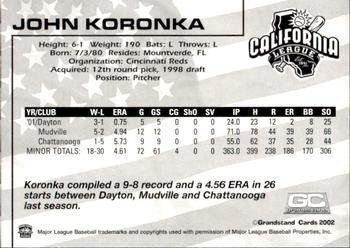 2002 Grandstand California League Top Prospects #NNO John Koronka Back