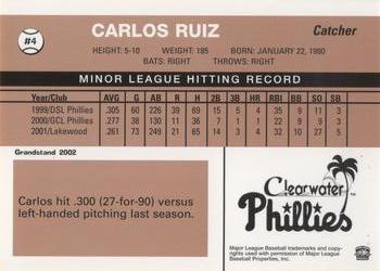2002 Grandstand Clearwater Phillies #4 Carlos Ruiz Back