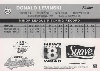 2002 Grandstand Clinton LumberKings #NNO Donald Levinski Back