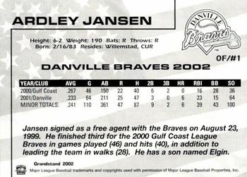 2002 Grandstand Danville Braves #NNO Ardley Jansen Back